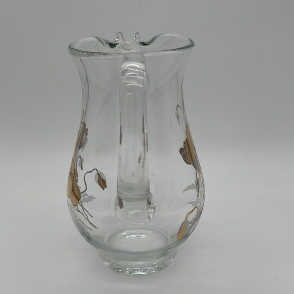 Vintage Gold Cyclamen Motif Mid Century Modern Glass Pitcher with Ice Lip 9.25" - Picture 5 of 9